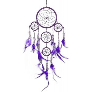 Sjzg-Petit Attrape Rêve Violet Marque Dreamcatcher Indien À Perles Argent & À Plumes Fait Main - Capteur De Rêves Et Artisanal - 12 Cm De Diamètre, 35 Cm De Longueur - Neuf