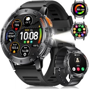 Montre Connect&eacute;e Homme (3 Bracelets) - Appel Bluetooth/LED Lampe, &Eacute;cran AMOLED 1,43"", &Eacute;tanch&eacute; IP68, 100+ Modes Sportifs, D'ext&eacute;rieur Montre Connect&eacute;e pour iOS et Android, Acier Noir/Camouflage - Neuf