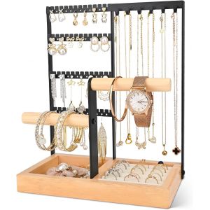 Jexnovashop-Porte Bijoux Pr&eacute;sentoir &Agrave; Bijoux Porte, 4 &Eacute;tages Porte Bijoux Femme, Presentoir Collier Avec Plateau Pour Boucles D'oreilles Et Trous, Pour Colliers, Bagues, Bracelets, Montres(Noir) - Neuf