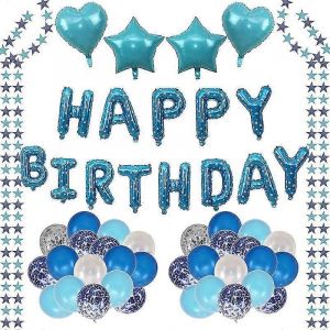 Bleu Anniversaire Fête Décorations Joyeux Anniversaire Tirer Fleur Lettres Ballons Set Garçon - Neuf