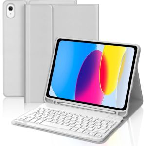 Clavier Pour Ipad A16 11 2025/10 Ème Génération 10.9"", Étui Clavier Pour Ipad 10eme Generation 2022 Bluetooth Magnétique Détachable Azerty Français, Gris Clair - Neuf