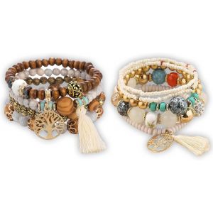 2 Set Boh&eacute;miens En Perles De Bois Bracelet Avec Arbre De Vie, Pompon Multicouche Empilable Et Gland Color&eacute; &Eacute;lastique Pour Femmes Et Filles - Neuf
