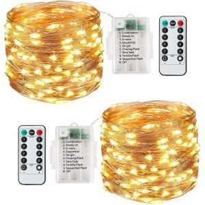 [Lot de 2] 120 LED Guirlande Lumineuse 12M 8 Modes Fil de Cuivre à Piles Étanche Intérieur Extérieur Guirlandes Lumineuses avec Télécommande Minuterie pour Chambre Coucher Mariage Noël (Blanc Chaud) - Neuf