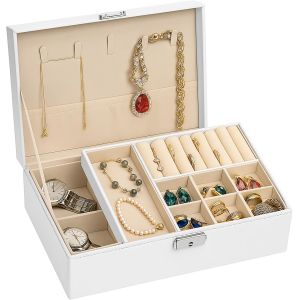 Bo&icirc;te &agrave; Bijoux En Cuir &agrave; 2 Niveaux Bo&icirc;te &agrave; Bijoux de Voyage Petite Bo&icirc;te Organiseur de Bijoux &Eacute;crin Rangement d'Accessoires 23 x 17 x 9 cm pour Montres Bagues Boucles D'oreilles Colliers (Blanc) - Neuf