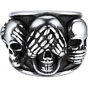 Trahoo-Bague Homme Acier Inoxydable Chevalière Homme Tête De Mort Taille 54-71.5, Ne Rien Entendre Rien Voir Rien Dire Chevalière Crâne Bijoux Anneau Gothique Biker - Neuf