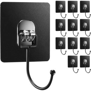12 Pièces Crochet Adhesif Mural,Porte Manteau Mural Sans Percage 5Kg,Crochets Pour Cuisine/Salle De Bain,Etanche,Antirouille(Noir) - Neuf