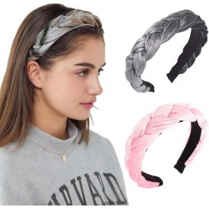 Kal-2 Serre Tete Femme, Bandeaux Rembourrés En Velours Pour Femme, Serre Tête En Velours Tressé, Large Bandeau Tressé, Bandeau Vintage, Accessoire De Cheveux Pour Femmes Et Filles (Rose, Gris) - Neuf