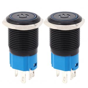 Interrupteur metallique autobloquant noir, protection IP65, 2 pieces, avec lampe LED et symbole, 16 mm (bleu 12 V CC) - Neuf