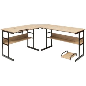 Bureau d'angle en forme de l 170 x 150 x 75 cm ajustable avec 2 &eacute;tag&egrave;res ouvertes design moderne en bois m&eacute;tal naturel Helloshop26 20_0010847 - Neuf