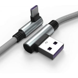 Câble USB C, 30cm Type C à Angle Droit 90° à Charge et Sync Rapide Compatible avec Huawei P40, Moto G9, Xiaomi Note 10/11/Pro, Realme 8, Samsung A52, S22/S21/S20/FE S10/A22/Pixel 6 etc Gris - Neuf