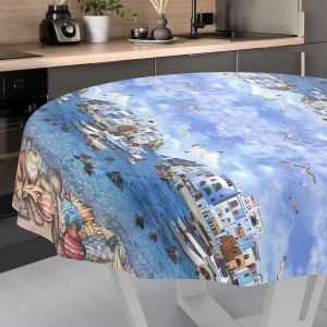 SJZG-Nappe En Toile Cirée Lavable, Pour Table De Jardin, Extérieur Et Intérieur, Ronde, 100 Cm, Bord Coupé, Motif Bord De Pêcheur - Neuf
