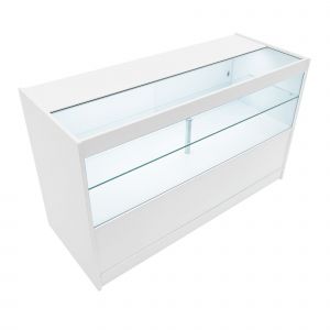 Comptoir De Vente En Mdf Blanc Led Blancs Intégrés C1500 3 Étagères Portes Coulissantes Verouillables Rangement Commerciale Vitrine En Verre Acceuil Réception Bureau Vêtements Bijoux [2 Clés Inclus] - Neuf