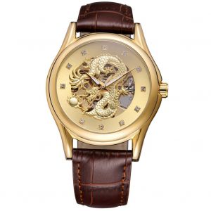 Montre-Bracelet Mecanique Creuse Etanche Forsining Pour Homme (Boitier Dore Et Bracelet Marron) - Neuf