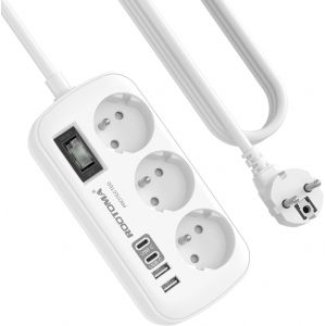 Multiprise 3 Prises avec 4 USB(2 USB-C), Multiprise Parafoudre et Surtension avec Interrupteur et C&acirc;ble de 1,5 m, Fixation Murale pour Maison Bureau, Blanc 16A/4000W - Neuf