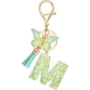 KAL-Porte Clé Lettre Avec Initiale, Porte Clef Alphabet Vert Avec Pendentif Tassel Papillon Pour Femmes Filles, Charme De Porte Clés À Paillettes En Résine Pour Clé De Voiture Sac À Main Décor(M) - Neuf