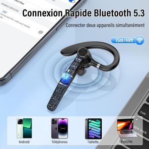 Oreillette Bluetooth sans Fil, V5.3 Kit Main Libre Bluetooth Oreillette avec CVC8.0 Micro antibruit, 60H d'appel Casques sans fil avec &Eacute;cran LED, IP7 &Eacute;tanche pour Conduite/Affaires/Bureau, Blanc - Neuf