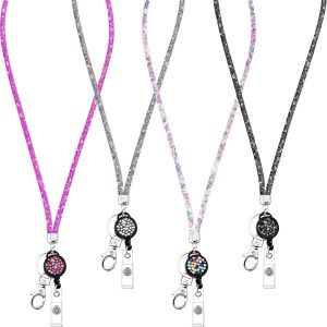4 Colliers De Cordon En Cristal Avec Porte-Badge R&eacute;tractable Et Porte-Cl&eacute;s, Porte-Carte D'identit&eacute; Cordon En Cristal Strass Bling - Neuf