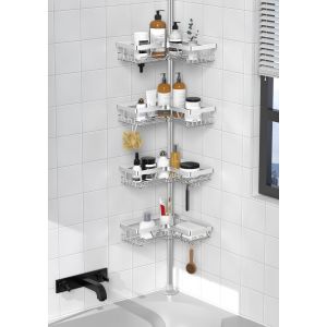 JEXNOVASHOP-Etagere Douche - Etagere Telescopique Douche sans Percage, Tablette d'angle R&eacute;glable en Hauteur avec 4 Paniers, Argent - Neuf