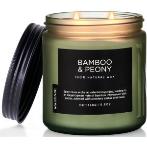 SANSH-Bamboo & Peony Bougie parfumée à 2 mèches d'aromathérapie en pot d'aromathérapie 11,60 z, jusqu'à 70 heures, bougie en cire de soy naturelle, pour soulager le stress, bougie parfumée à la maiso - Neuf