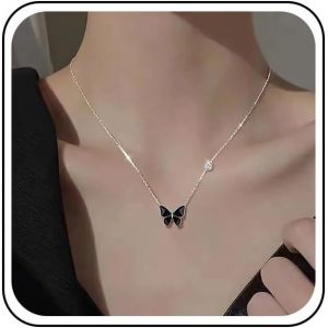 Kal-Collier Pendentif Papillon Collier Ras Du Cou Papillon En Argent Collier Papillon En Émail Noir Collier Chaîne Papillon En Cristal Bijoux Pour Femmes Et Filles - Neuf