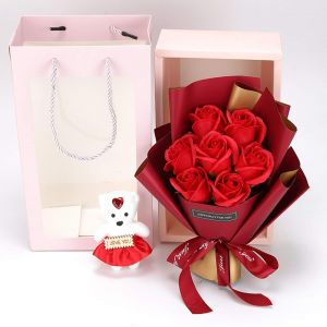 7 Pièces Savon Parfumé Rose Fleur Bouquet De Roses Artificielles Avec Boîte Cadeau Et Ours En Peluche Rose Fleur De Savon Pour Saint Valentin,Fête Des Mères,Anniversaire,Noël Cadeau Romantique(Rouge) - Neuf