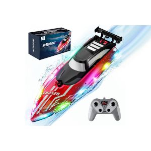 Bateau radiocommand&eacute; avec lumi&egrave;res LED et t&eacute;l&eacute;commande 2,4 GHz - Vitesse jusqu'&agrave; 50 km/h, convient aux enfants de 6 ans et plus - Neuf
