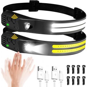 Lot De 2 Lampes Frontales Rechargeables, Super Lumineuses, 6 Modes D'éclairage Avec Détecteur De Mouvement, Grand Angle De 230 °, Lampe Frontale Led Ipx5 Étanche Pour Randonnée, Course À - Neuf