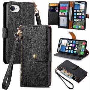 SATURCASE Coque pour Apple iPhone 16e 2025, Heart PU Cuir Flip Portefeuille Poche Double Boucle Magnétique Fermeture éclair Support Porte-carte Cordon Protecteur Housse Étui pour Apple iPhone 16e 2025 (AX-Black) - Neuf