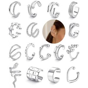 Kal-16 Pcs Clip Boucles D'oreille Pour Femmes Hommes R&eacute;glables Ear Cuff Manchette D'oreilles Non-Piercing Cartilage Clip Sur Wrap Boucle D'oreille Ensemble Or/Argent/Noir/Or Rose - Neuf
