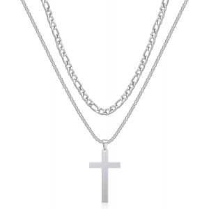 Kal-Collier Croix Homme, Argent Acier Inoxydable Pendentif Croix Avec Chaîne Bijoux Chretienne Catholique Croix Pour Homme - Neuf