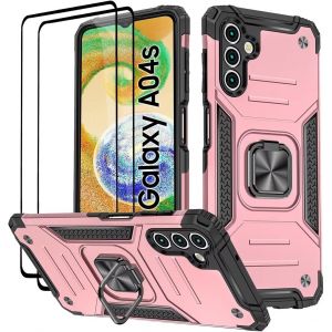 Kal-Coque Pour Samsung Galaxy A04s / A13 5g, Verre Trempé [2 Pièces] + Housse Tpu Silicone Rotation 360° Aimant Anneau Support Double Défense Protection Etui - Or Rose - Neuf