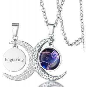Kal-Collier Signe Astrologique Femme,Pendentif Demi Lune Style Zodiaque Or/Acier Inoxydable Avec Chaîne 50+5 Cm,Bijoux Horoscope Porte Bonheur Cadeau Anniversaire Pour Femmes Enfant Fille - Neuf