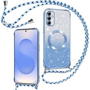 TRAHOO-Couqe Magn&eacute;tique pour Samsung Galaxy S25 5G Con Cordon, Compatible avec MagSafe, Brillant Glitter Paillet&eacute; Antichoc Durable R&eacute;sistante Etui Housse pour Samsung S25 Bumper, Bleu - Neuf