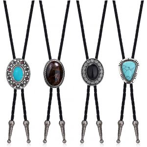 Trahoo-4 Pièces Cuir Bolo Cravate Turquoise Cravate Pour Hommes Western Cowboy Naturel Bolo Tie Noir Cuir Cravate Halloween Costumes Accessoires Pour Hommes Femmes - Neuf