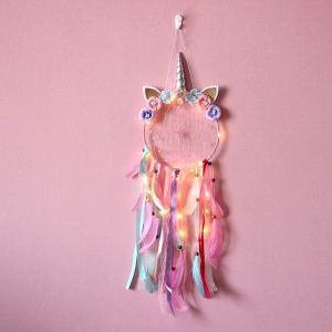 Rose Attrape R&ecirc;ve Licorne Avec Lumineux Pour Filles,Attrape R&ecirc;ve Plume Avec Led Pour D&eacute;coration De Chambre &Agrave; Coucher,Cadeau D'anniversaire Pour Filles - Neuf