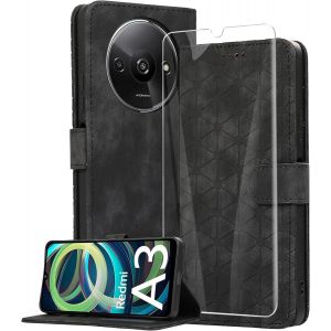 KAL-Coque Pour Xiaomi Redmi A3 4G Avec Verre Tremp&eacute;,Housse En Cuir Pu Porte Carte Portefeuille, Etui De Protection &Agrave; Rabat Magn&eacute;tique,Pochette Fermeture Anti-Choc - Noir - Neuf