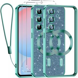 SJZG-Glitter Magn&eacute;tique Pour Samsung Galaxy S24 Fe 5G Con Cordon, [Compatible Avec Magsafe] Antichoc Brillant Paillet&eacute; Housse Souple Couqe Pour Samsung S24 Fe Avec 2 Pi&egrave;ces Verre Tremp&eacute; &Eacute;tui, Vert - Neuf