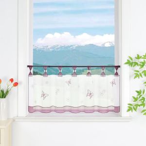 Rideau brise-bise en voile avec passants pour cuisine - Motif papillons - Transparent - 120 x 60 cm - Violet - Neuf