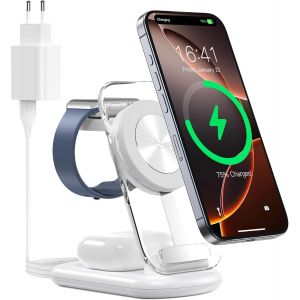 Station De Charge Sans Fil 3 En 1 Pour Mag-Safe, Chargeur Magn&eacute;tique Sans Fil Pliable Et R&eacute;glable, Support De Charge De Voyage Mag-Safe Avec Lumi&egrave;re Pour Iphone 16/15/14, Airpods, Apple Watch, Blanc - Neuf