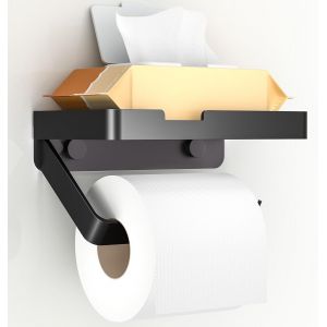 CAUC-Porte Papier Toilette avec &Eacute;tag&egrave;re, Support Papier WC Mural, 3 M&eacute;thodes d'Installation [sans Per&ccedil;age, Autocollant, Vissage], Accessoire de Salle de Bain et Cuisine, Noir Mat - Neuf