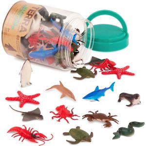 Sansh-- 60 Pièces - Animaux Marins - Mini Figurines D'animaux Réalistes - Requins, Dauphins, Pingouins, Tortues, Crabes, Étoiles De Mer - Jouets Éducatifs Pour Enfants, 3 Ans Plus - Neuf