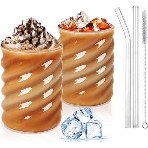 Tianyi-Macchiato - Lot De 4 Verres &Agrave; Caf&eacute; Glac&eacute; - Passe Au Lave-Vaisselle - Verres &Agrave; Bulle De 350 Ml - Verres &Agrave; Long Drink (2, Transparents Avec Couvercle) De 350 Ml - Neuf