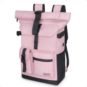 LETNERNY-28L Sac À Dos Rolltop Pour Femmes & Hommes, Grand Sac À Dos Voyage Etanche, Avec Compartiment Pour Portabl, Sac A Dos Extensible Pour Travail, College, Quotidien, Rose - Neuf