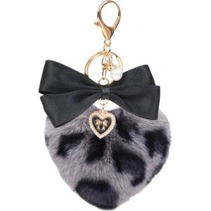 KAL-Porte-Clé Pompon Léopard En Peluche Forme De C?ur Avec Boîte Pendentif Noir N?ud Papillon Perle Décor Pour Voiture Sac À Main Saint-Valentin Noël - Neuf