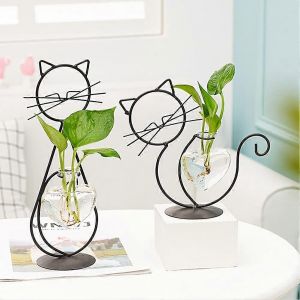 Lot de 2 supports pour plantes en verre en forme de coeur, avec support en metal en forme de chat, parfaits pour la culture hydroponique. - Neuf