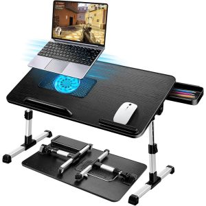 JEXNOVASHOP-Table de Lit pour Ordinateur Portable, Pliable, R&eacute;glable en Hauteur et Angle, Plateau de Lit avec Tiroir/Refroidisseur PC Portable, Table pour Canap&eacute;/Sol (53 x 30 cm, Noir) - Neuf
