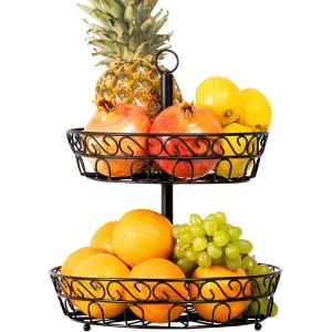 Mevronisshop-Grande Corbeille A Fruits 2 Etages - Panier A Fruits A Etages En M&eacute;tal D&eacute;coration Plan De Travail - Coupe De Fruit Design Noire &iquest; Corbeille Table Fruits Et Legumes Fra&icirc;cheur - Neuf