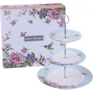 Pr&eacute;sentoir &Agrave; G&acirc;teaux &Agrave; 2 &Eacute;tages En Porcelaine Motif Oiseau,Rose Et Papillon Dans Une Bo&icirc;te Cadeau Bleu - Neuf