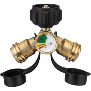 Répartiteur de propane, adaptateur en Y pour réservoir de propane avec manomètre, détecteur de pression de gaz en laiton massif avec 1 raccord QCC femelle et 2 raccords QCC mâles - Neuf