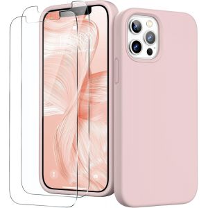 3 en 1 Coque Silicone Liquide pour iPhone 12/12 Pro 6,1 Pouces - avec 2 Verre Tremp&iquest;&iquest; - ?tui de Protection Antichoc en Microfibre Douce[R&iquest;&iquest;sistant aux Rayures] [Antid&iquest;&iquest;rapant], Rose - Neuf